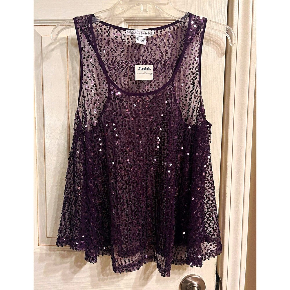 Sans Souci Women’s Large Purple Sequin Racerback Sheer Tank Top Formal Party NWT